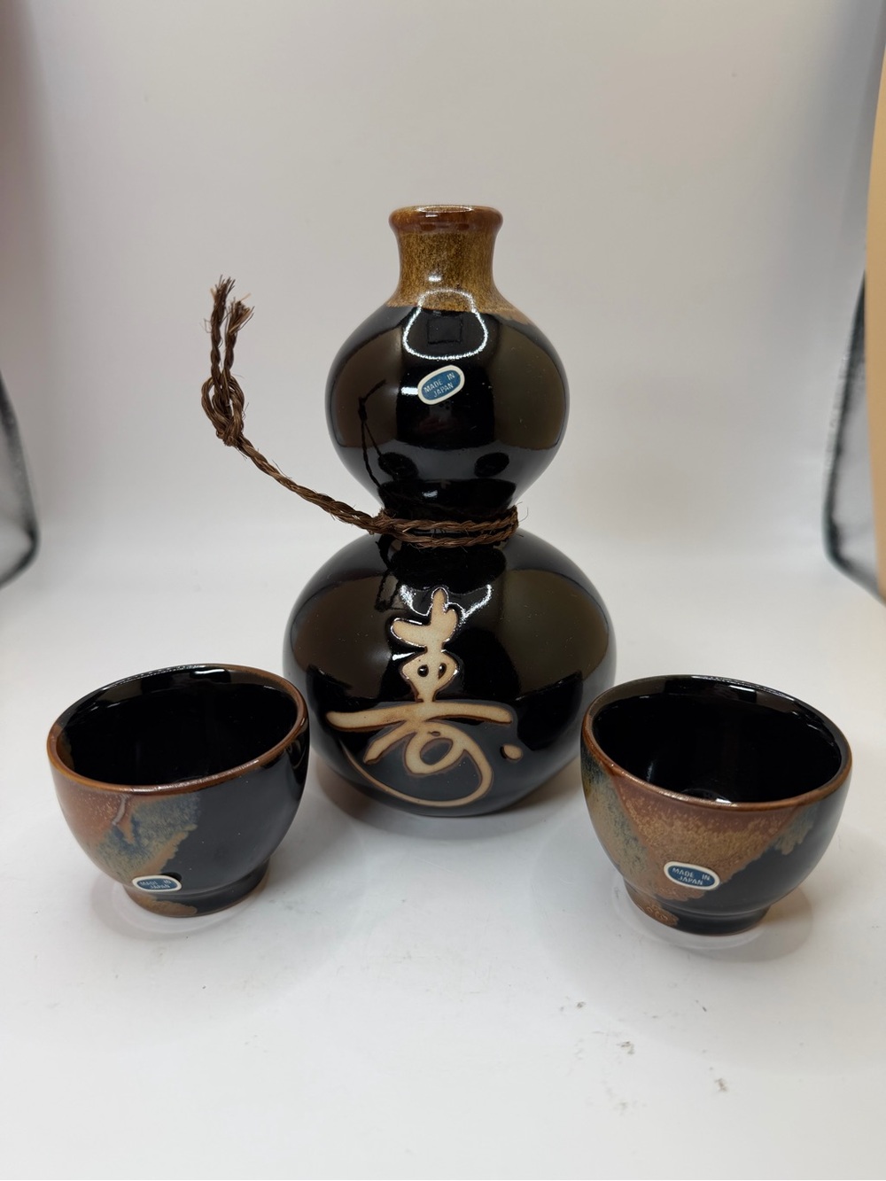Japanese Kafuh Sake Set Calligraphy Tokkuri Black With Brown Pottery